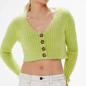 Urban Outfitters Green Rochelle Fuzzy Cropped Cardigan Sweater Womens Size Small